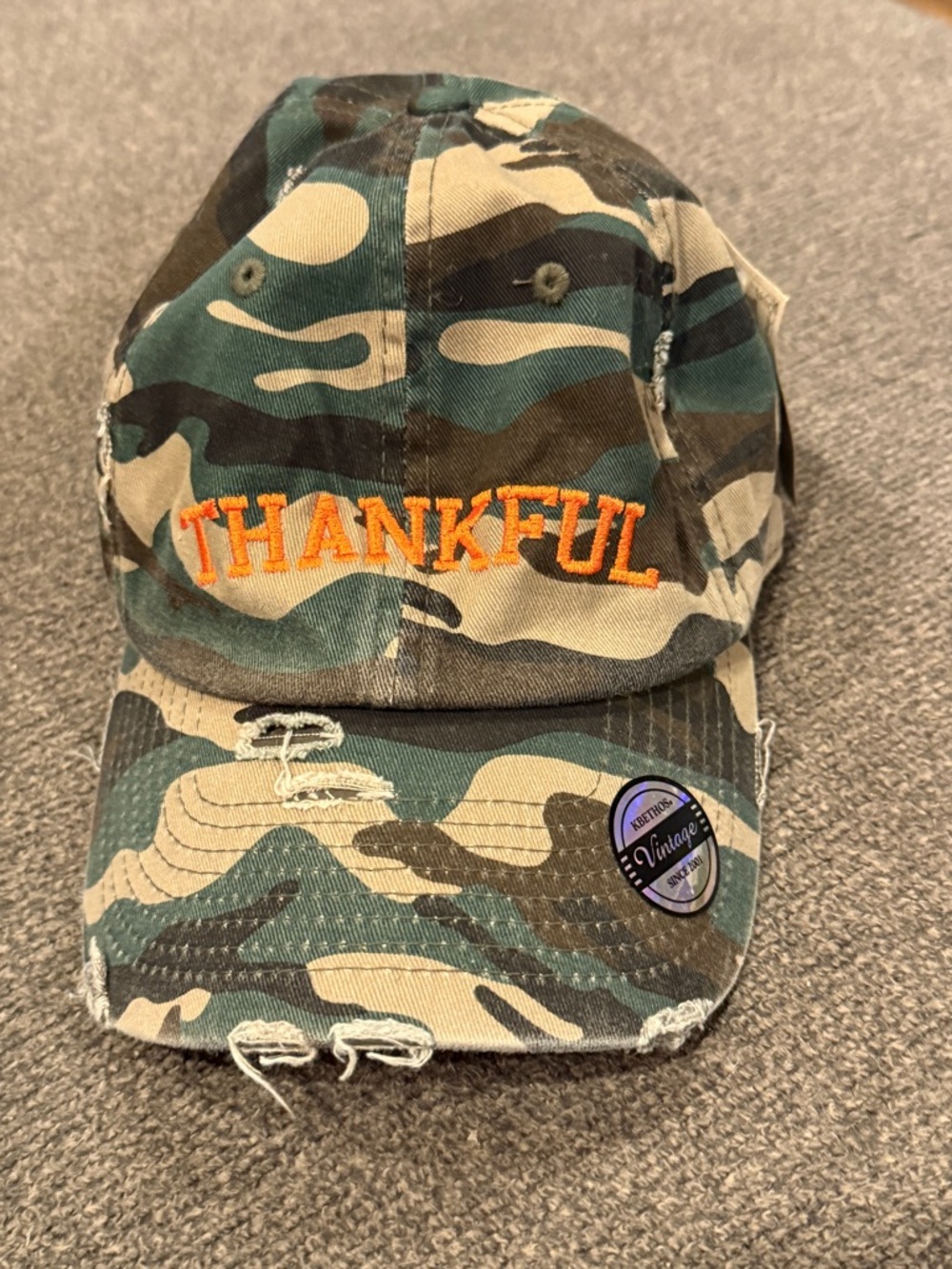 NWT KBETHOS Camouflage 'THANKFUL' Distressed Baseball Hat